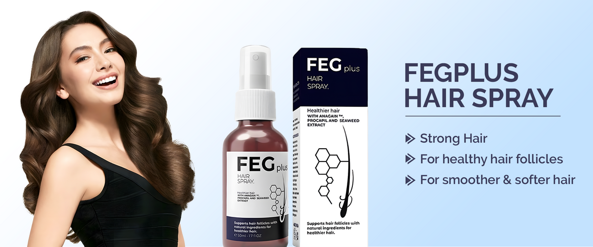 FEG Plus Hair Spray with model and product benefits