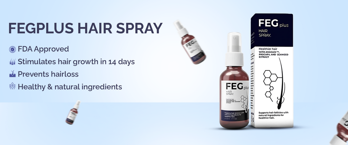 FEG Plus Hair Spray and pack on a soft blue background